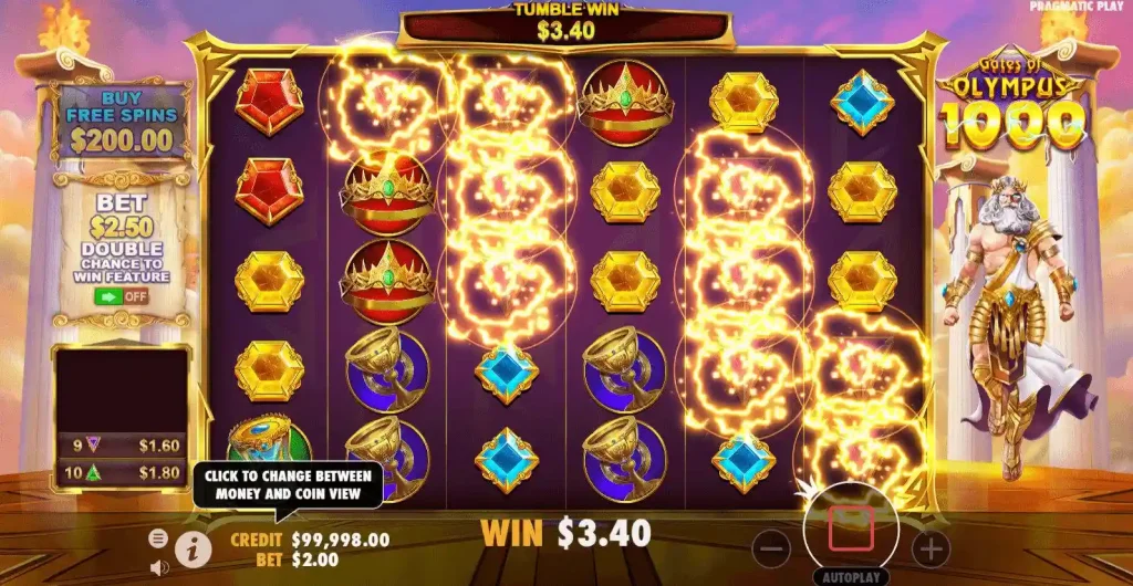 Screenshot of Gates of Olympus slot with Zeus and multiplier symbols